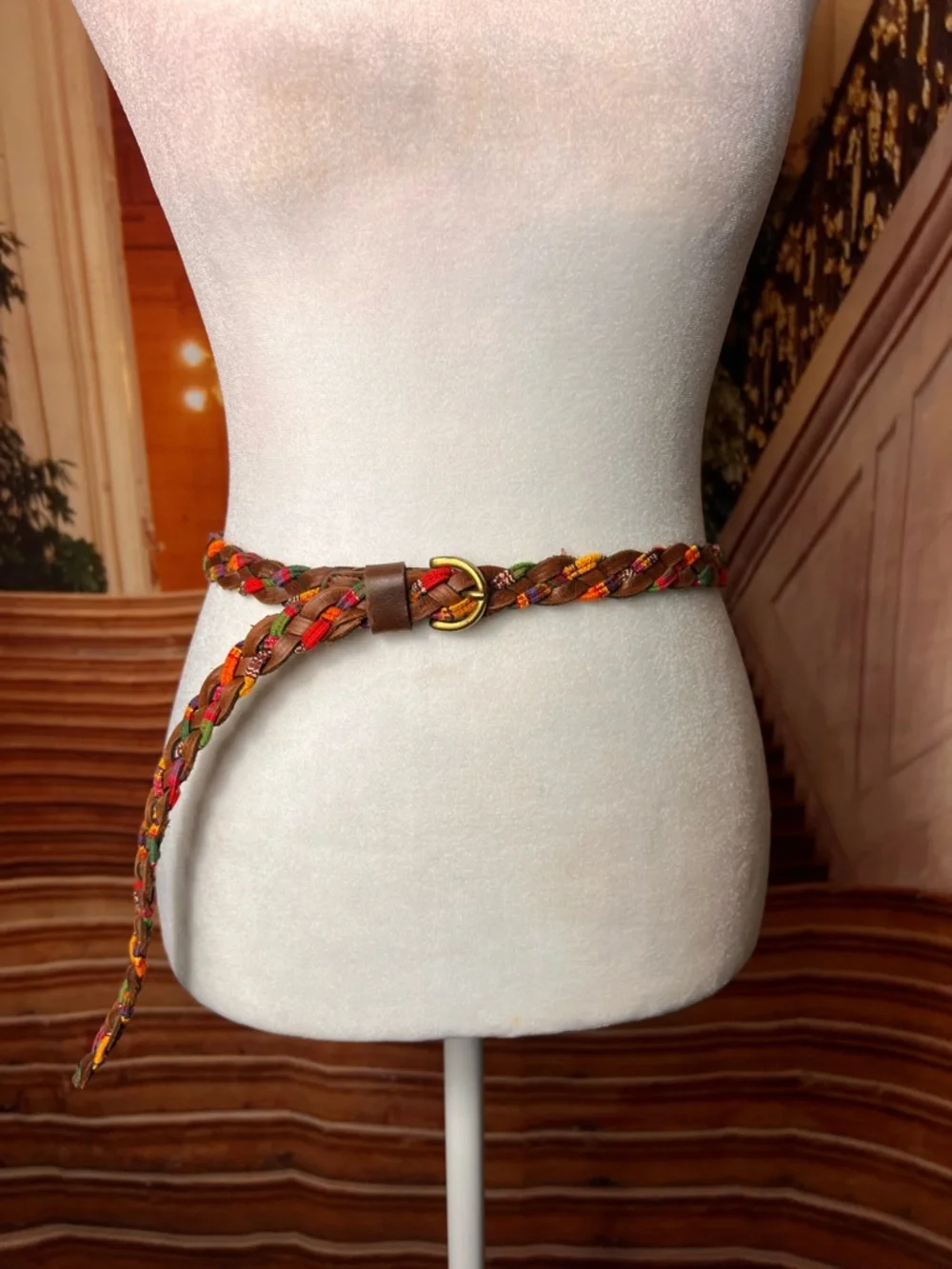 Braided Brown Multicolor Leather Belt with Gold Buckle, S/M
